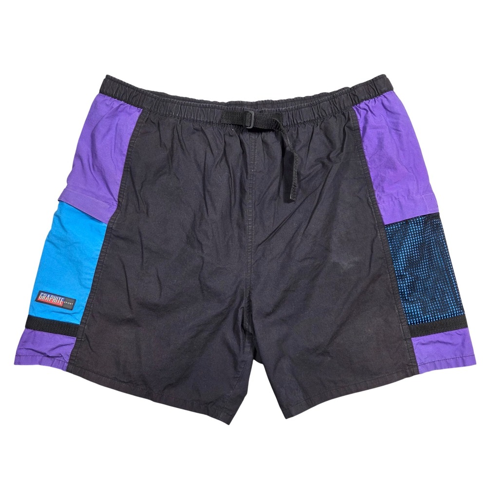 Graphite Sport Mens XL Vintage 90s Colorblock Swim Trunks Black Purple Belted